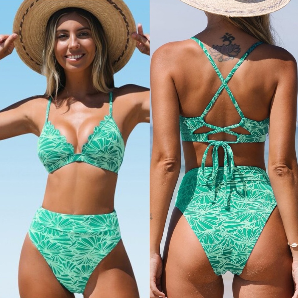 NWT  Floral Jacquard Scalloped Bralette & High Waist Bikini Set SIZE‎ LARGE
